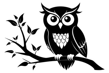 owl sitting on a-tree branch line art silhouette vector illustration