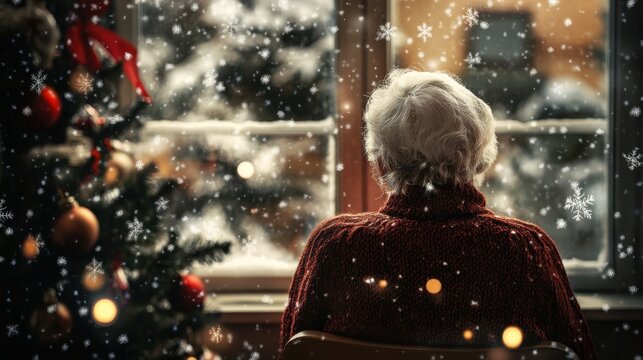 Cozy Winter Evening with a Senior Woman Watching Snowfall Near a Christmas Tree
