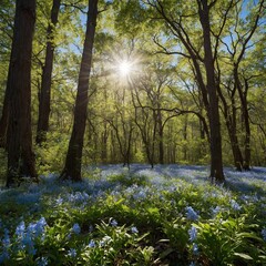 "A lush, vibrant forest where colorful blossoms of various species adorn the trees and the forest floor. Sunlight filters through the branches, and a crystal-clear blue sky stretches above, creating a