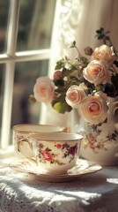Floral teacup and roses by a sunlit window