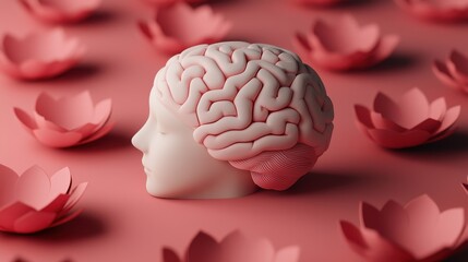 Fototapeta premium A stylized brain sculpture rests on a pink surface surrounded by delicate pink flowers, symbolizing creativity and mindfulness.