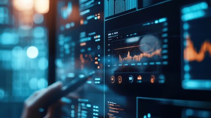 Abstract technology interface showcasing data visualizations and interactive elements with glowing blue accents