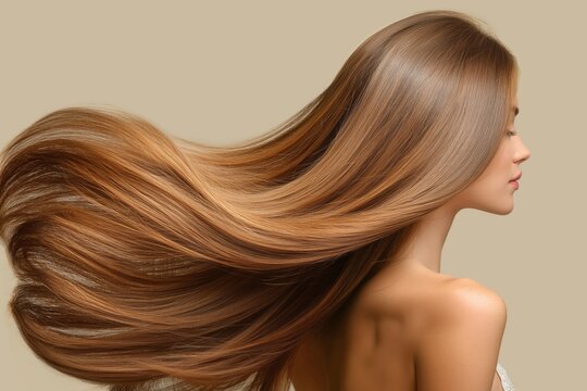 Thick long straight hair flowing to the side. Woman back view
