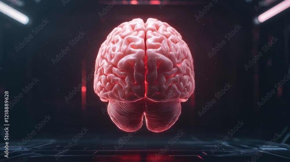 Poster a glowing brain floats in a dark, futuristic environment, showcasing intricate details and a vibrant
