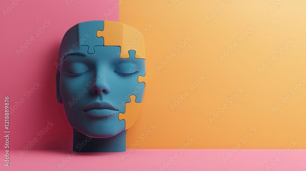 Poster a stylized head with puzzle pieces represents the complexity of identity and self-discovery against 