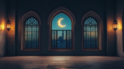 Serene Ramadan Night: Crescent Moon over Mosque