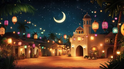 Enchanted Night in Arabian Village: A Festive Moonlit Scene
