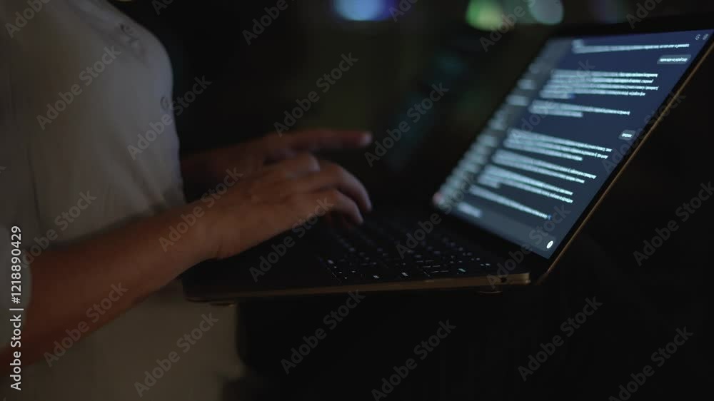 Poster A person typing on a laptop in a dim room, deeply engaged in exploring thoughts through digital communication and creative writing, expressing ideas freely as they craft their narrative