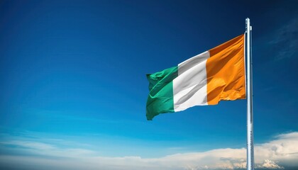 The vibrant flag of Cote d Ivoire flutters proudly on a pole, set against a brilliant blue sky. This display reflects the spirit and identity of the nation, fostering a sense of belonging