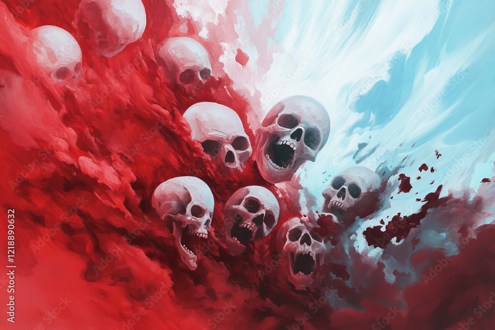 Poster dynamic composition of skulls emerging from swirling red and blue clouds depicting a clash of contra