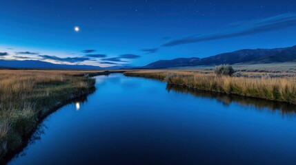 Fototapeta premium Serene Night in the Mountains: Moonlit River Landscape