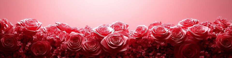 Fototapeta premium Red rose flowers on red colour background with copy space, Happy valentines day banner type image, Wedding and anniversary greeting background