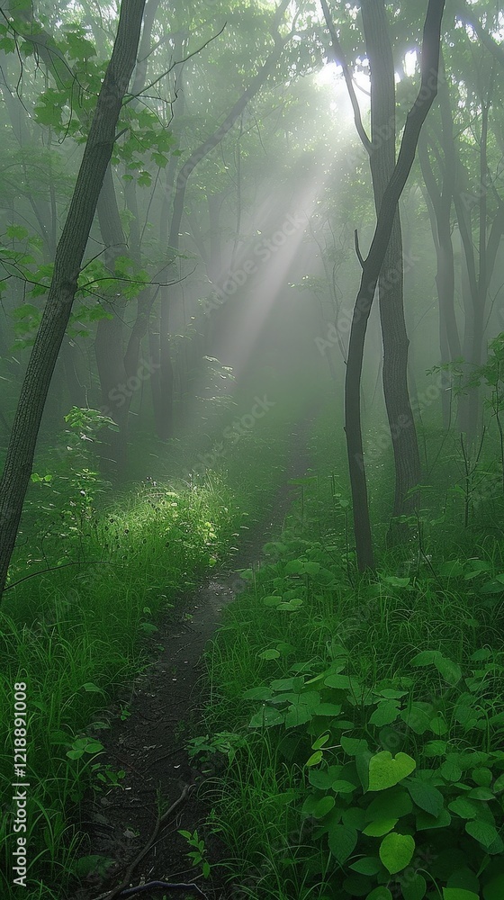 Poster a serene woodland path illuminated by soft rays of sunlight filtering through a misty forest, creati
