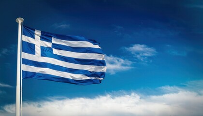 Obraz premium A vibrant flag of Greece flutters gracefully on a pole, set against a backdrop of a clear blue sky