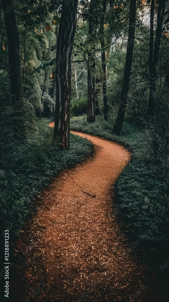 Poster a winding path through a lush green forest, surrounded by dense trees and foliage, inviting explorat