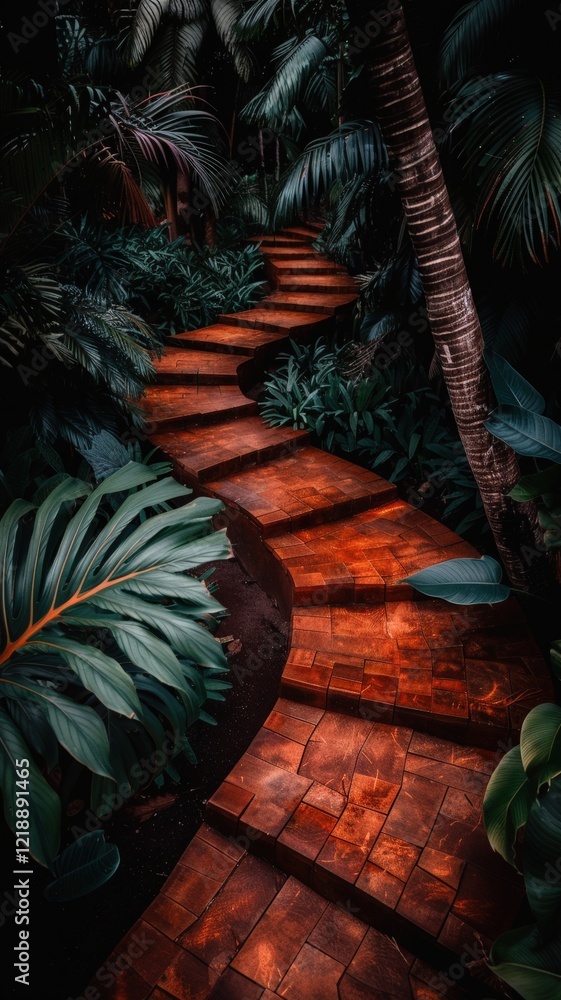 Poster a winding brick path through lush greenery, illuminated by soft light, inviting exploration in a tro