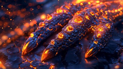 Fiery, textured monster claw on volcanic rock.