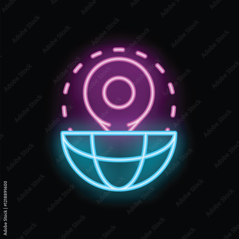 Poster neon pin icon hovering over half open stylized planet earth, representing global positioning system 