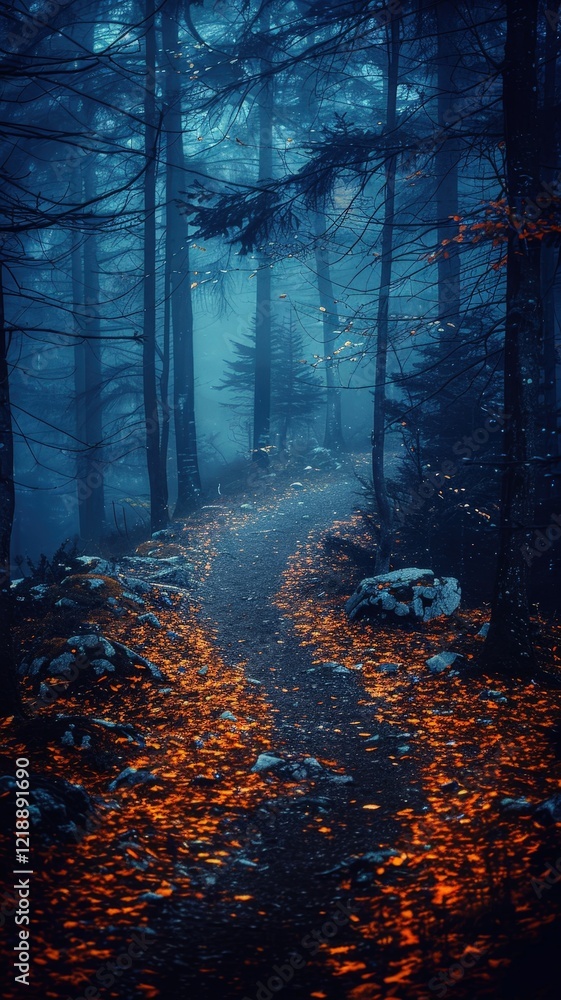 Poster a winding path through a misty forest, lined with vibrant orange leaves, creating an enchanting and 