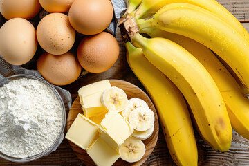 A top-down view of fresh bananas, eggs, butter, flour, and sliced bananas arranged on a rustic wooden table, ready for baking banana bread or desserts.  
