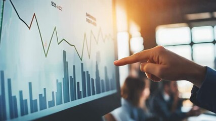 A professional image showcasing a hand pointing to a data chart on a screen during a business meeting. The scene highlights teamwork, financial analysis, and decision-making in a corporate setting.