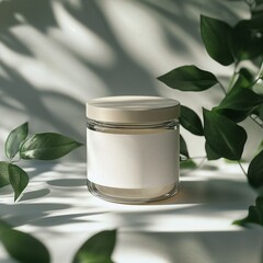 Glass candle jar with plant shadows and natural decor