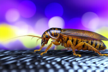 Close-up of a yellow and brown cockroach on a textured surface with colorful blurred lights in the background