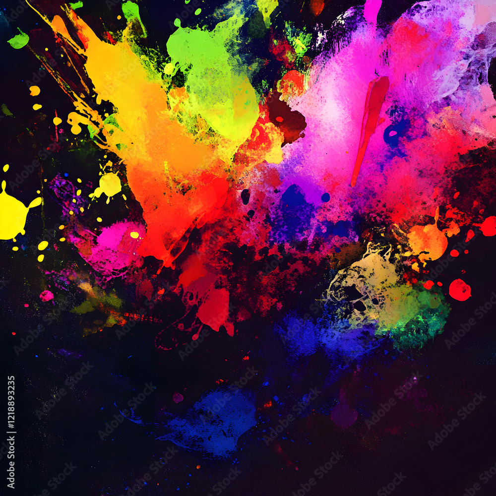 Poster rainbow burst: an explosion of vibrant, multicolored paint splatters against a dark background, crea