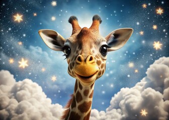 Cute Giraffe, Big Eyes, Big Smile, Stars, Clouds, AI Photo