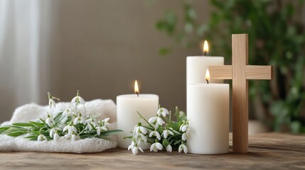 3 white candles, one wooden cross, and snowdrops on the table, with a minimalistic background, create a concept for Easter, candlemas day, or a church ceremony with a blank area for text.