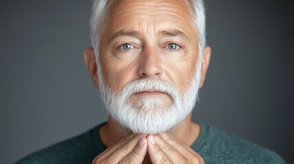 Portrait of a Thoughtful Elderly Man with a White Beard and Blue Eyes, Expressing Wisdom and Serenity in a Minimalistic Setting, Close-Up Photograph Highlighting Mature Features and Depth.