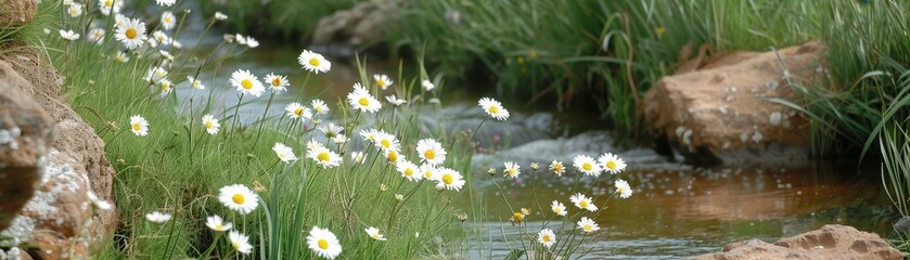 A serene stream flows through lush greenery, adorned with vibrant daisies, creating a peaceful natural setting.
