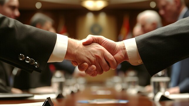 Group of diplomats shaking hands in a peaceful conference room, symbolizing a ceasefire agreement, international diplomacy and global peace efforts.
