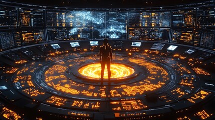 Futuristic Control Room Person Observing Data Streams
