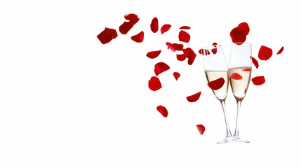 A pair of champagne glasses clinking together with red rose petals scattered around