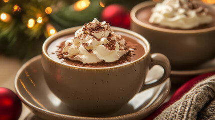 A warm, rich cup of hot chocolate topped with whipped cream and a sprinkle of cocoa powder, offering a perfect wintertime treat.