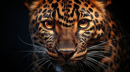 Portrait of a leopard on a black background, close-up