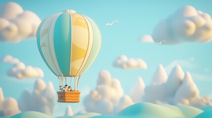 Obraz premium Exciting Hot Air Balloon Adventure Scenic Mountains 3D Animation Bright Sky Aerial View Family Fun Experience