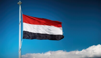 In a bright blue sky, the flag of Yemen flutters gracefully atop a pole, symbolizing resilience and unity