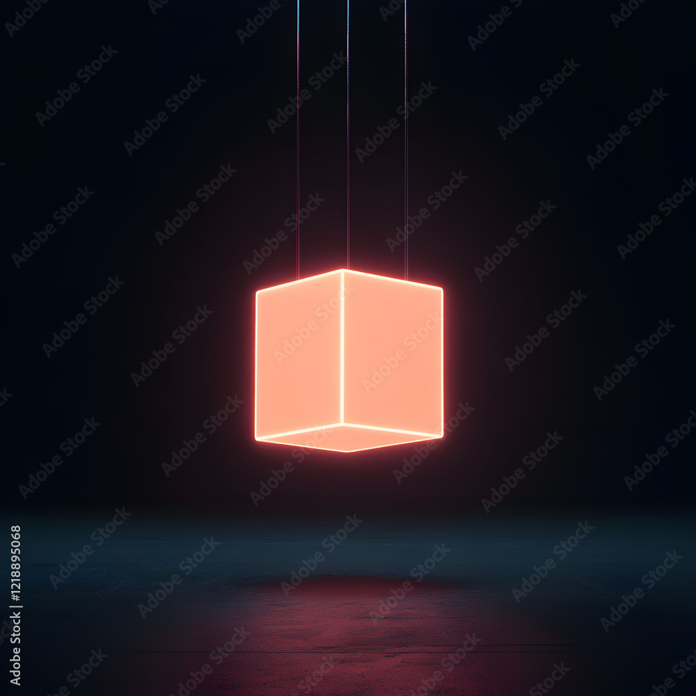 Poster glowing cube in dark space: a vibrant, coral-colored cube floats mysteriously in a dark, almost blac