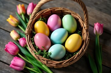 Naklejka premium A Colorful Easter Egg Basket adorned with Beautiful Spring Flowers for festive decorations