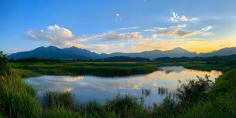 Obraz premium Tranquil landscape with calm water and sunset