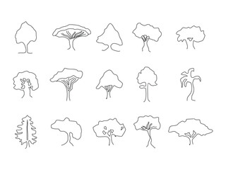 set of hand drawn doodles trees and bushes line art vector illustration on transparent background