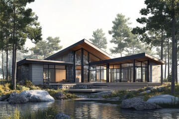 Obraz premium Modern architectural blueprint of a house featuring detailed design, lighting, and natural elements