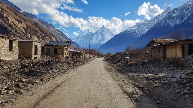 Stunning landscape of tora bora road on k2  abandoned village against snow capped peaks and sky