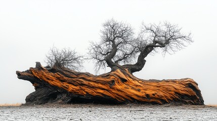 Obraz premium Unique twisted tree trunk showcasing vibrant orange hues in a foggy landscape at dawn