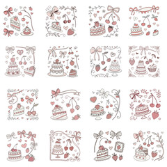 Hand-drawn coquette elements for Valentine's Day, wedding invitations, and birthday cards.  Cute girly bows, hearts, ribbons, cherry, cake, heart frame, strawberry vector illustration