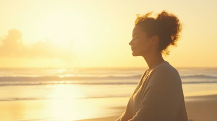 Mindful Woman Meditating by the Ocean