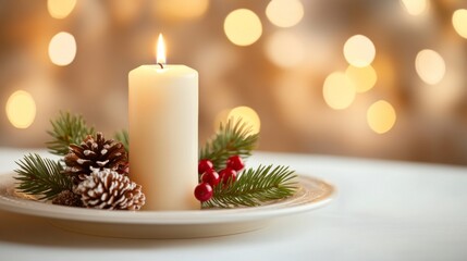 A candle is lit on the table, creating an atmosphere of warmth and romance for the Christmas dinner. The background features bokeh lights that add to the festive ambiance.