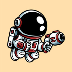 fun astronaut with blaster gun cartoon colored character isolated drawing line art style sketch classic vintage design illustration